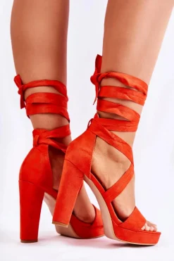Sandały Damskie Na Słupku Wiązane Czerwone Milla