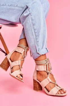 Sandały Damskie Na Słupku Wiązane Zamszowe Beżowe Amore