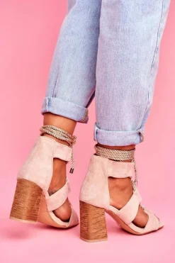 Sandały Damskie Na Słupku Wiązane Zamszowe Beżowe Amore