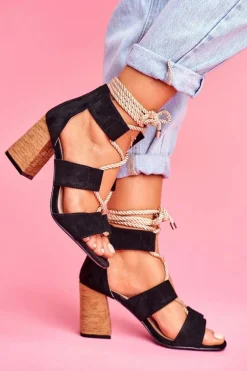 Sandały Damskie Na Słupku Wiązane Zamszowe Czarne Amore