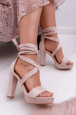 Sandały Damskie Na Słupku Wiązane Beżowe Milla