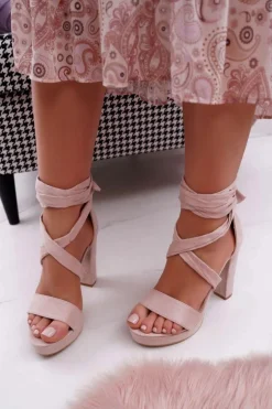 Sandały Damskie Na Słupku Wiązane Beżowe Milla