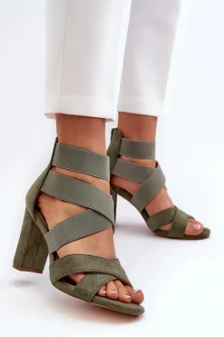 Sandały Damskie Na Słupku Z Paskami Zielone Obissa