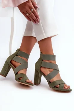 Sandały Damskie Na Słupku Z Paskami Zielone Obissa