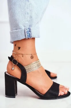 Sandały Damskie Na Słupku Zamszowe Czarne Enjoy