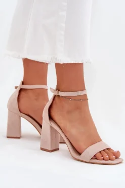 Sandały Damskie Na Słupku Z Eko Zamszu Beżowe Elirae