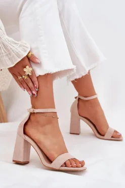 Sandały Damskie Na Słupku Z Eko Zamszu Beżowe Elirae