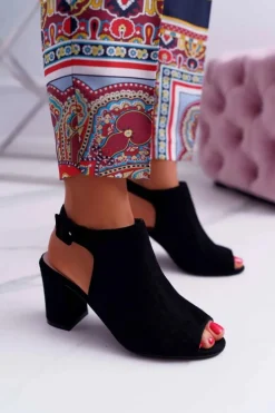 Sandały Damskie Na Słupku Z Cholewką Peep Toe Czarne Esta