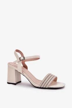 Sandały Damskie Na Słupku Z Cyrkoniami I Plecionką Vinceza 62228 Beżowe