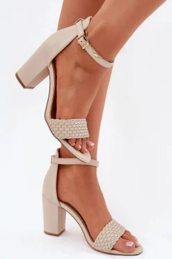 Sandały Damskie Na Słupku Z Plecionym Paskiem Beżowe Asdine