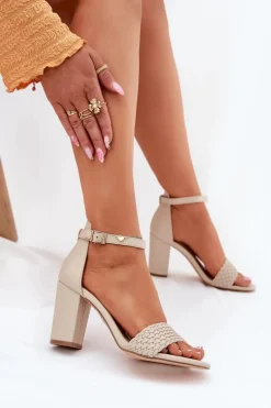 Sandały Damskie Na Słupku Z Plecionym Paskiem Beżowe Asdine