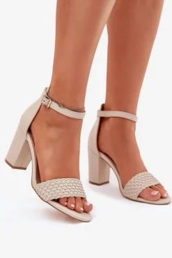 Sandały Damskie Na Słupku Z Plecionym Paskiem Beżowe Asdine