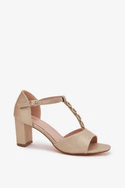 Sandały Damskie Na Słupku Z Ozdobnym Paskiem Eko Skóra Złote Triavera