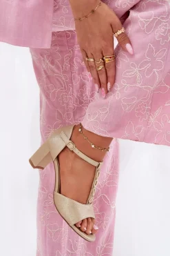 Sandały Damskie Na Słupku Z Ozdobnym Paskiem Eko Skóra Złote Triavera