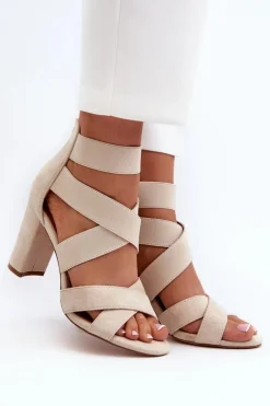 Sandały Damskie Na Słupku Z Paskami Beżowe Obissa