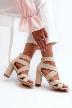 Sandały Damskie Na Słupku Z Paskami Beżowe Obissa