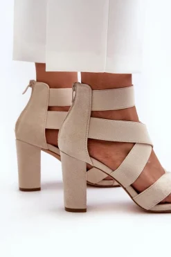 Sandały Damskie Na Słupku Z Paskami Beżowe Obissa