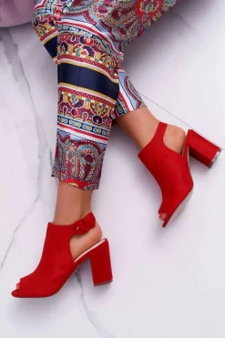 Sandały Damskie Na Słupku Z Cholewką Peep Toe Czerwone Esta