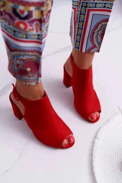 Sandały Damskie Na Słupku Z Cholewką Peep Toe Czerwone Esta