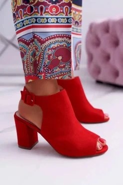 Sandały Damskie Na Słupku Z Cholewką Peep Toe Czerwone Esta