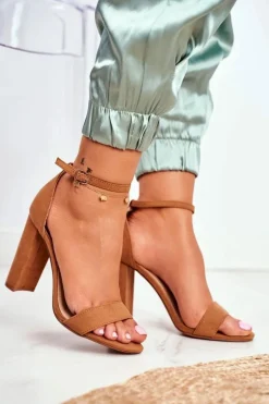 Sandały Damskie Na Słupku Zamszowe Camel Anastasie