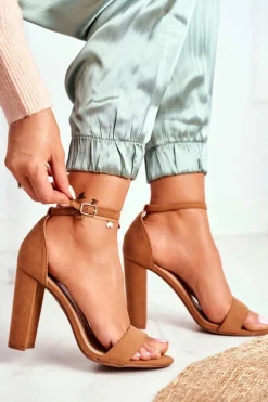 Sandały Damskie Na Słupku Zamszowe Camel Anastasie