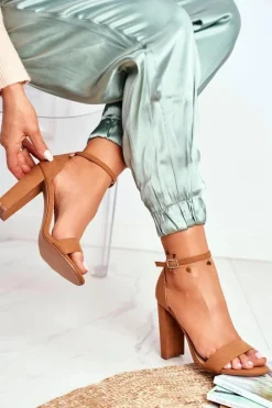 Sandały Damskie Na Słupku Zamszowe Camel Anastasie