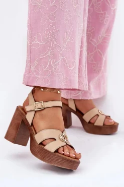 Sandały Damskie Na Słupku Ze Złotą Ozdobą Beżowe Nusorilis