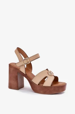 Sandały Damskie Na Słupku Ze Złotą Ozdobą Beżowe Nusorilis