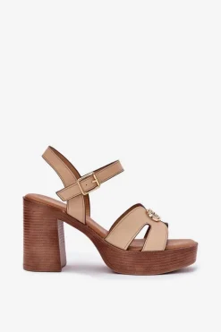 Sandały Damskie Na Słupku Ze Złotą Ozdobą Beżowe Nusorilis