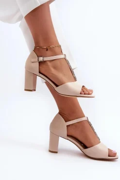 Sandały Damskie Na Słupku Z Ozdobnym Paskiem Eko Skóra Beżowe Triavera