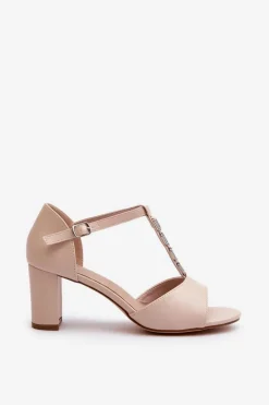 Sandały Damskie Na Słupku Z Ozdobnym Paskiem Eko Skóra Beżowe Triavera