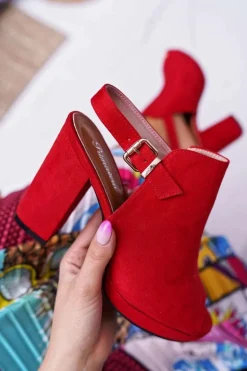 Sandały Damskie Na Słupku Z Cholewką Odkryte Palce Czerwone Montree