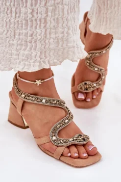 Sandały Damskie Na Słupku Z Kryształkami Artiker 56C1374 Beżowe