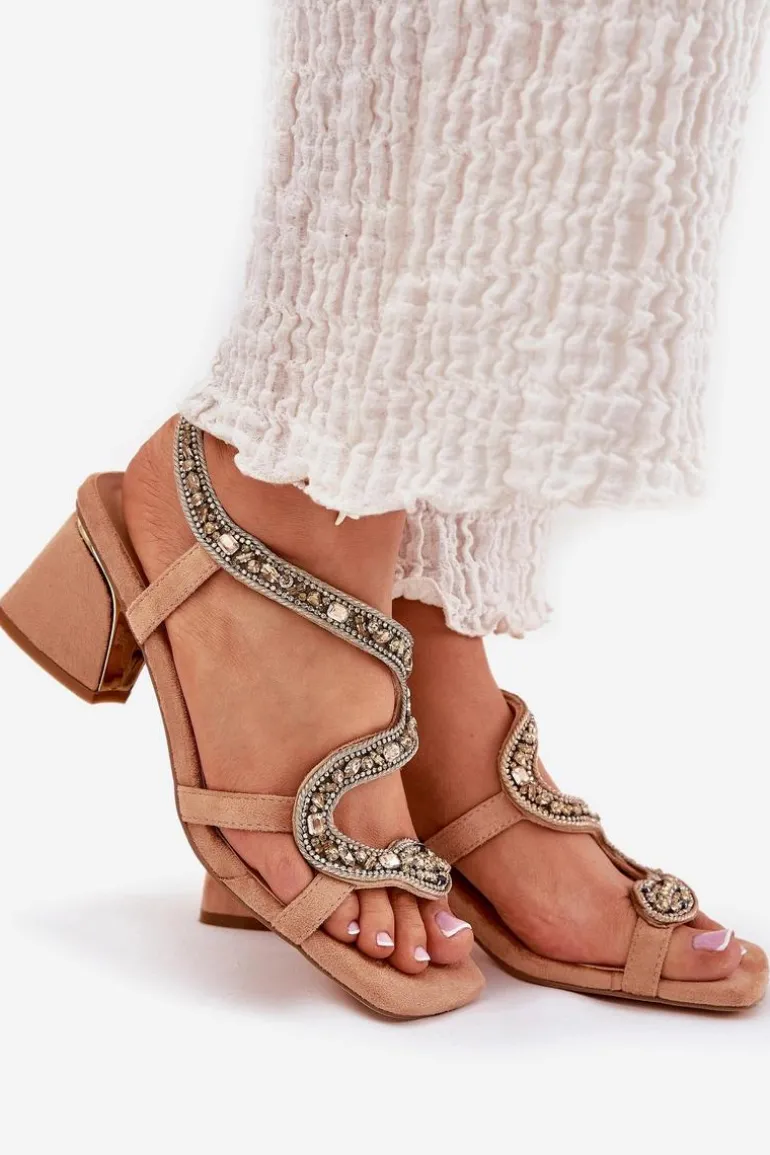 Sandały Damskie Na Słupku Z Kryształkami Artiker 56C1374 Beżowe