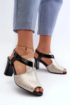 Sandały Damskie Na Słupku Z Eko Skóry Złoto-Czarne Queenmarie