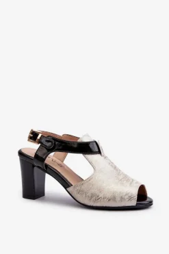 Sandały Damskie Na Słupku Z Eko Skóry Złoto-Czarne Queenmarie