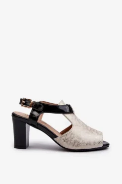 Sandały Damskie Na Słupku Z Eko Skóry Złoto-Czarne Queenmarie