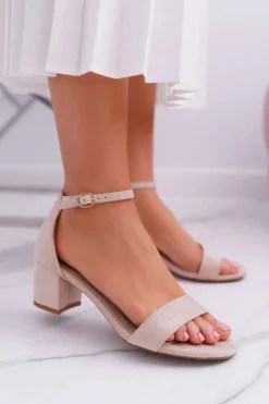 Sandały Damskie Na Słupku Z Brokatem Beżowe Nathalie