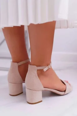 Sandały Damskie Na Słupku Z Brokatem Beżowe Nathalie