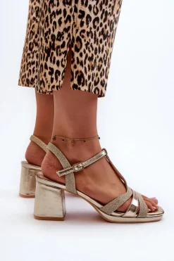 Sandały Damskie Na Słupku Z Eko Skóry Złote Lyana