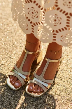 Sandały Damskie Na Słupku Z Eko Skóry Złote Lyana