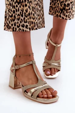 Sandały Damskie Na Słupku Z Eko Skóry Złote Lyana