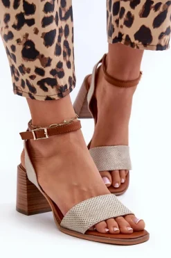 Sandały Damskie Na Słupku Z Eko Zamszu Złote Ronvia