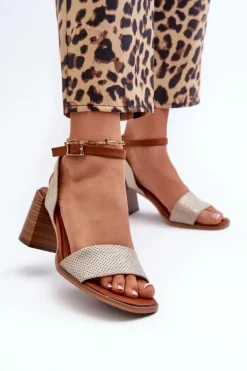 Sandały Damskie Na Słupku Z Eko Zamszu Złote Ronvia