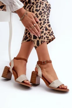 Sandały Damskie Na Słupku Z Eko Zamszu Złote Ronvia