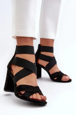 Sandały Damskie Na Słupku Z Paskami Czarne Obissa