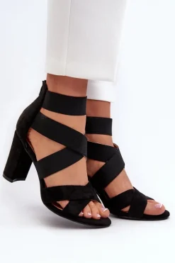 Sandały Damskie Na Słupku Z Paskami Czarne Obissa
