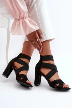 Sandały Damskie Na Słupku Z Paskami Czarne Obissa