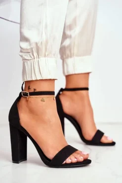 Sandały Damskie Na Słupku Zamszowe Czarne Anastasie
